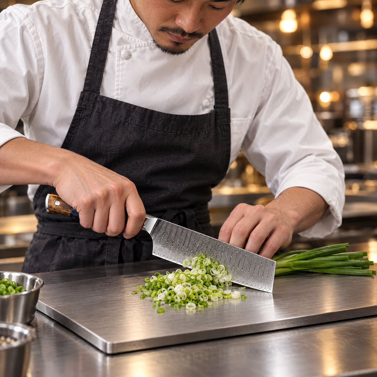 A Japanese chef using the Haku Nakiri Knife on a titanium cutting board in a professional kitchen