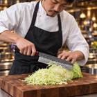 A Japanese chef using the Kazan Nakiri Knife on a wooden cutting board in a professional kitchen