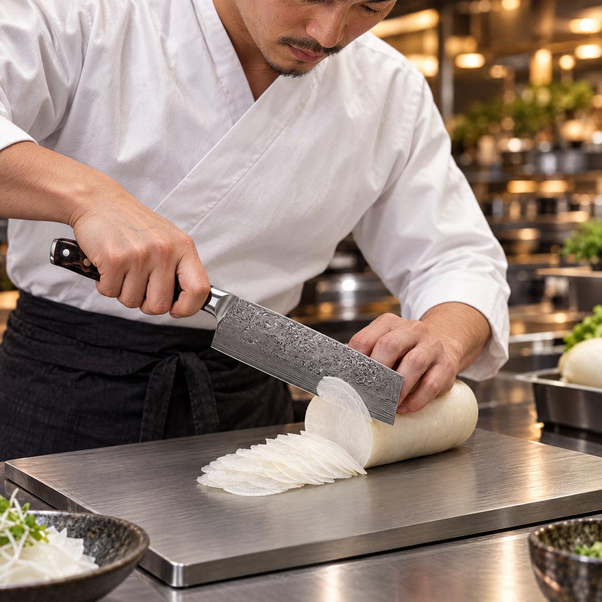 A Japanese chef using the Kongo Nakiri Knife on a titanium cutting board in a professional kitchen
