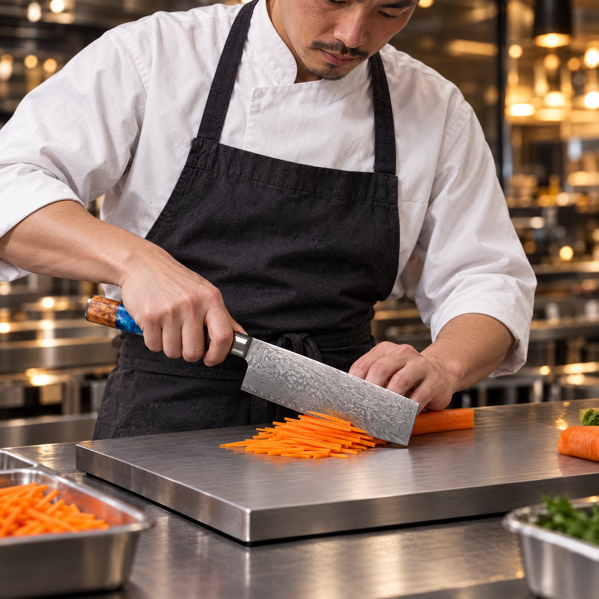 A Japanese chef using the Seiran Nakiri Knife on a titanium cutting board in a professional kitchen