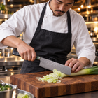 A Japanese chef using the Shingen Nakiri Knife on a wooden cutting board in a professional kitchen