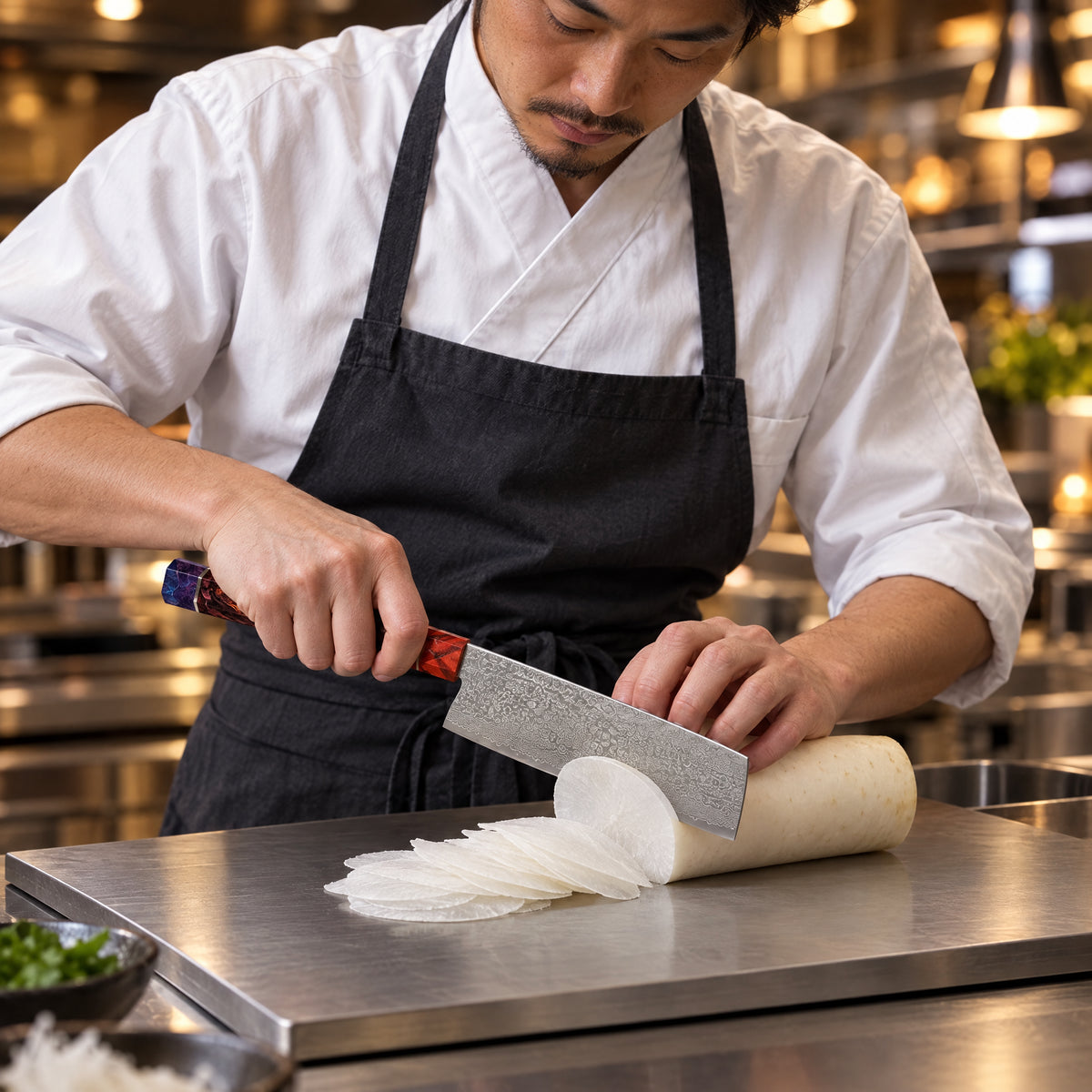 A Japanese chef using the Shinzan Nakiri Knife on a titanium cutting board in a professional kitchen