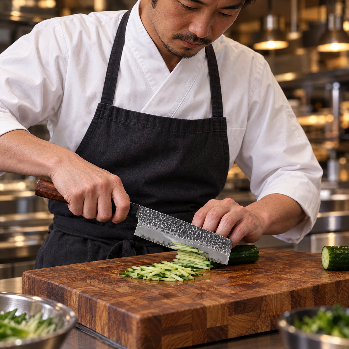 A Japanese chef using the Shizuma Nakiri Knife on a wooden cutting board in a professional kitchen