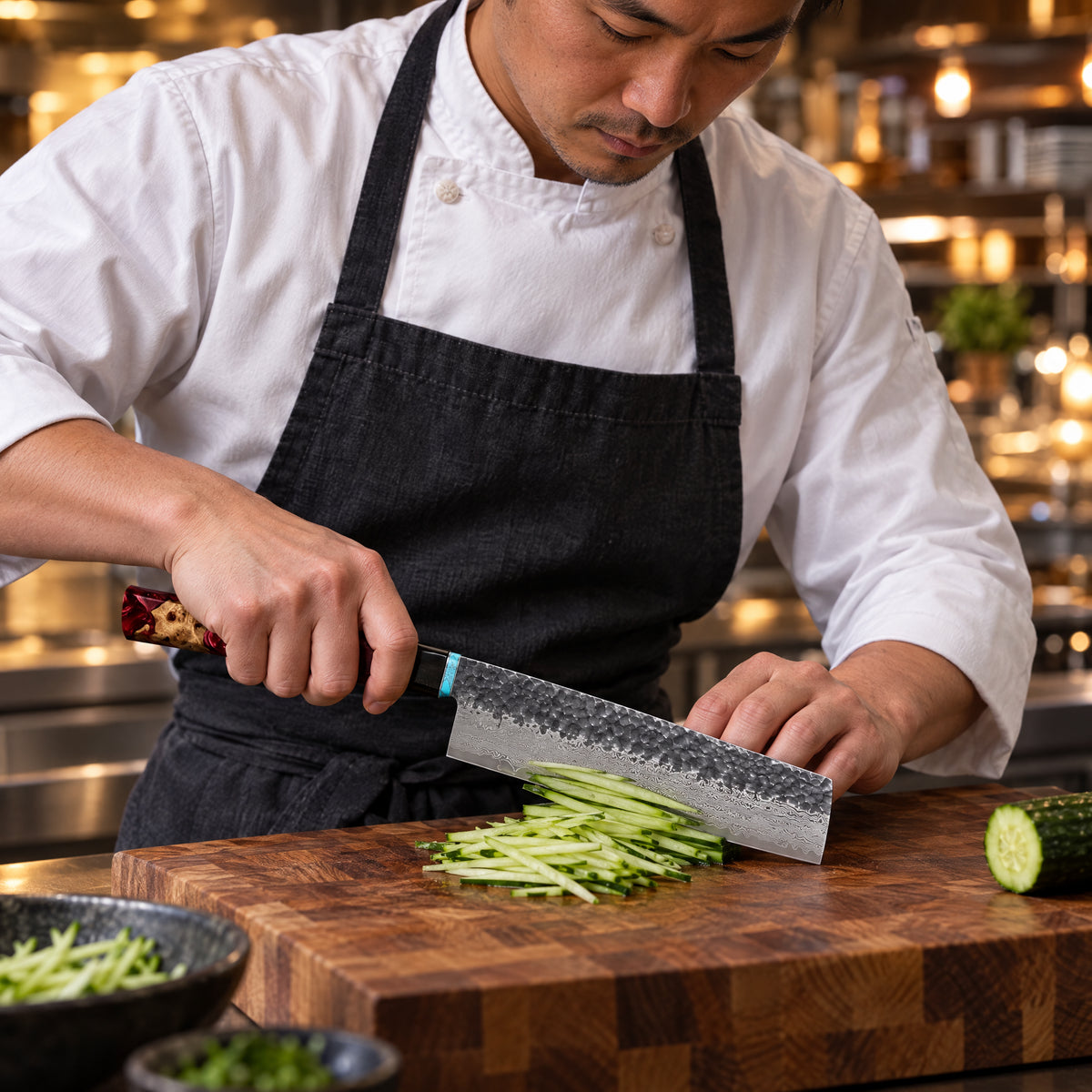 A Japanese chef using the Tenryu Nakiri Knife on a wooden cutting board in a professional kitchen