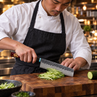 A Japanese chef using the Tenryu Nakiri Knife on a wooden cutting board in a professional kitchen