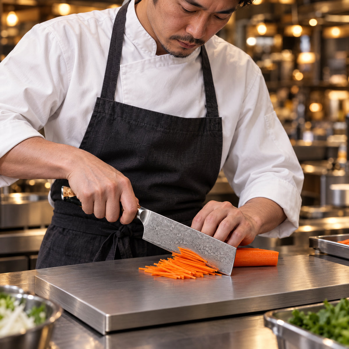 A Japanese chef using the Tsukikage Nakiri Knife on a titanium cutting board in a professional kitchen
