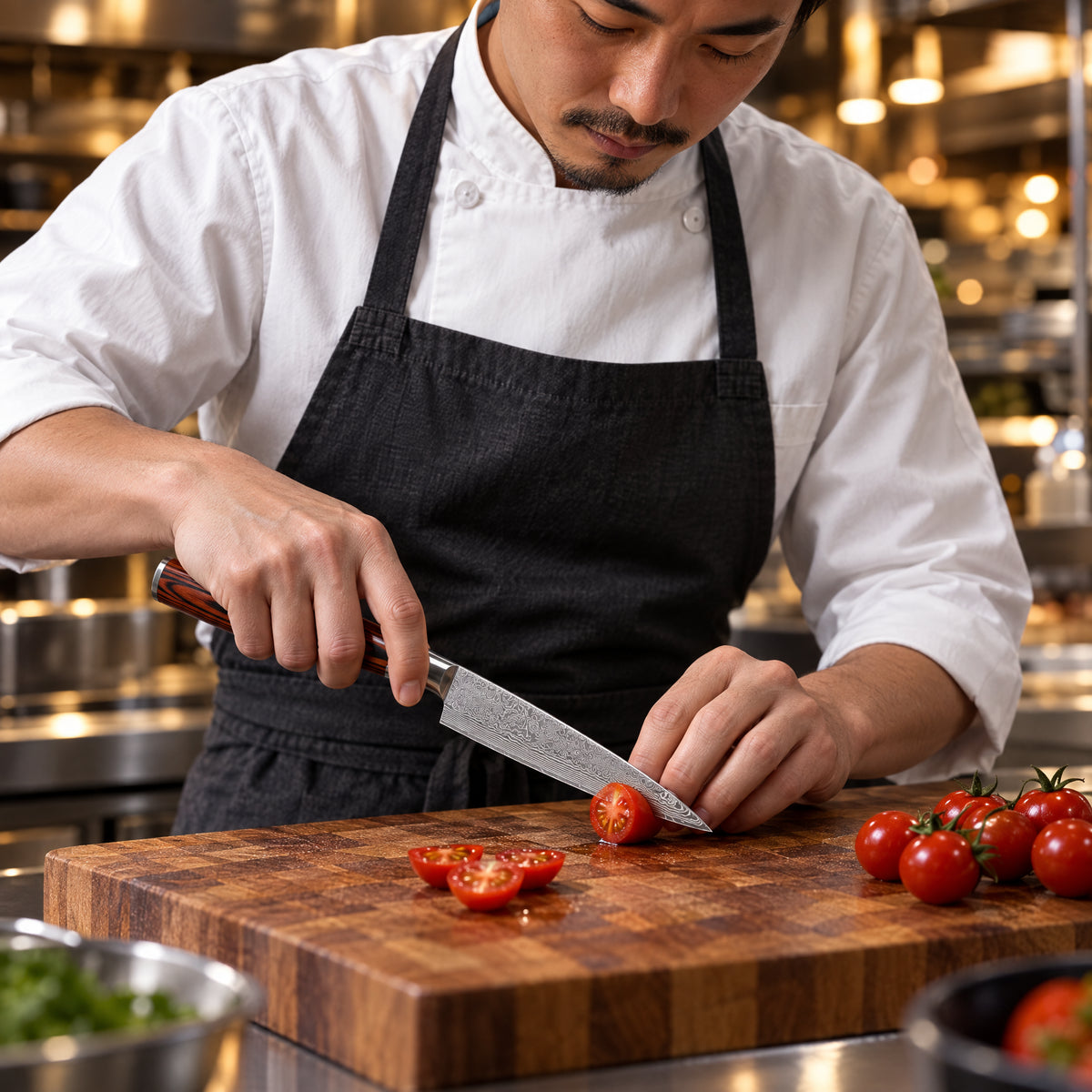 A Japanese chef using the Asahi Petty Knife on a wooden cutting board in a professional kitchen