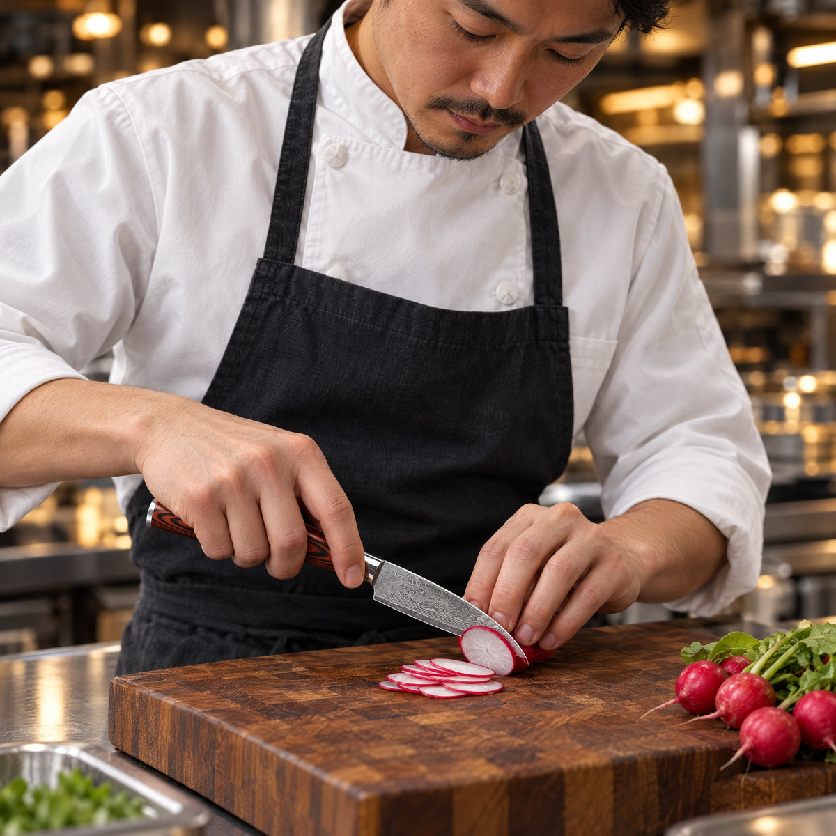 A Japanese chef using the Asahi Paring Knife on a wooden cutting board in a professional kitchen