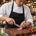 A Japanese chef using the Asahi Paring Knife on a wooden cutting board in a professional kitchen