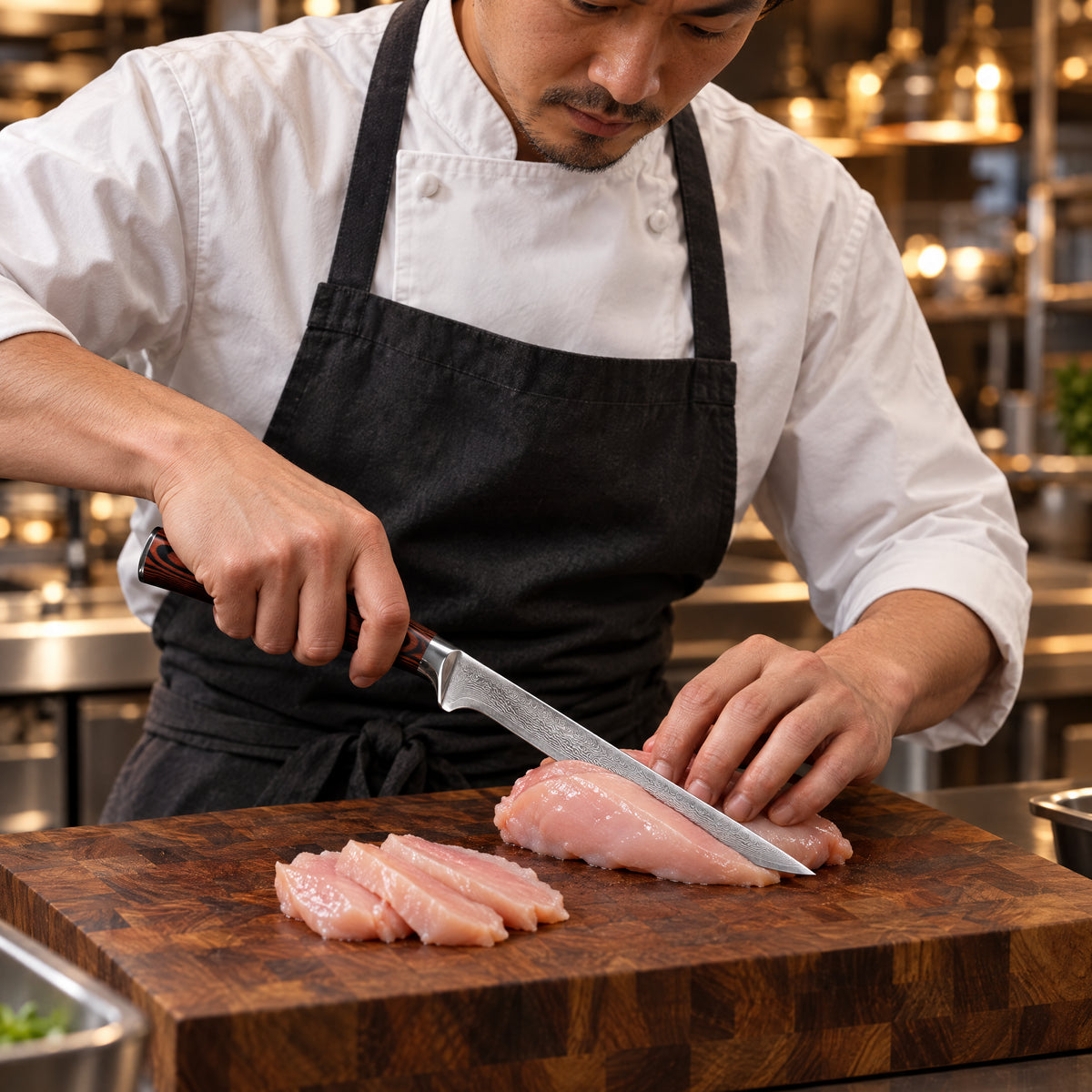 A Japanese chef using the Asahi Honesuki Boning Knife on a wooden cutting board in a professional kitchen