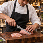 A Japanese chef using the Asahi Honesuki Boning Knife on a wooden cutting board in a professional kitchen