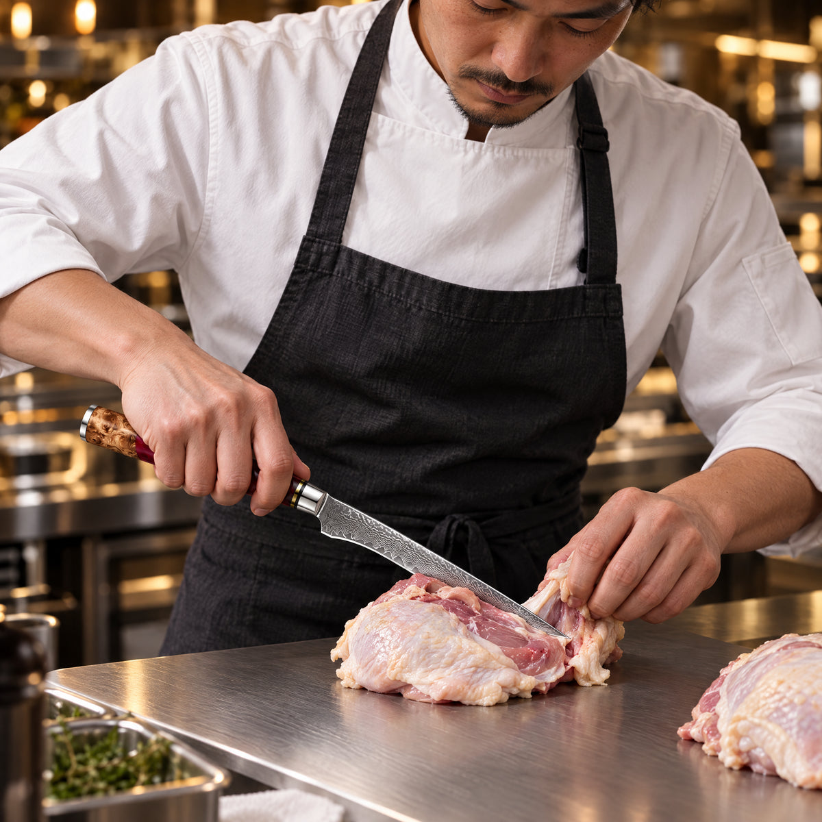 A Japanese chef using the Akagi Honesuki Boning Knife on a titanium cutting board in a professional kitchen