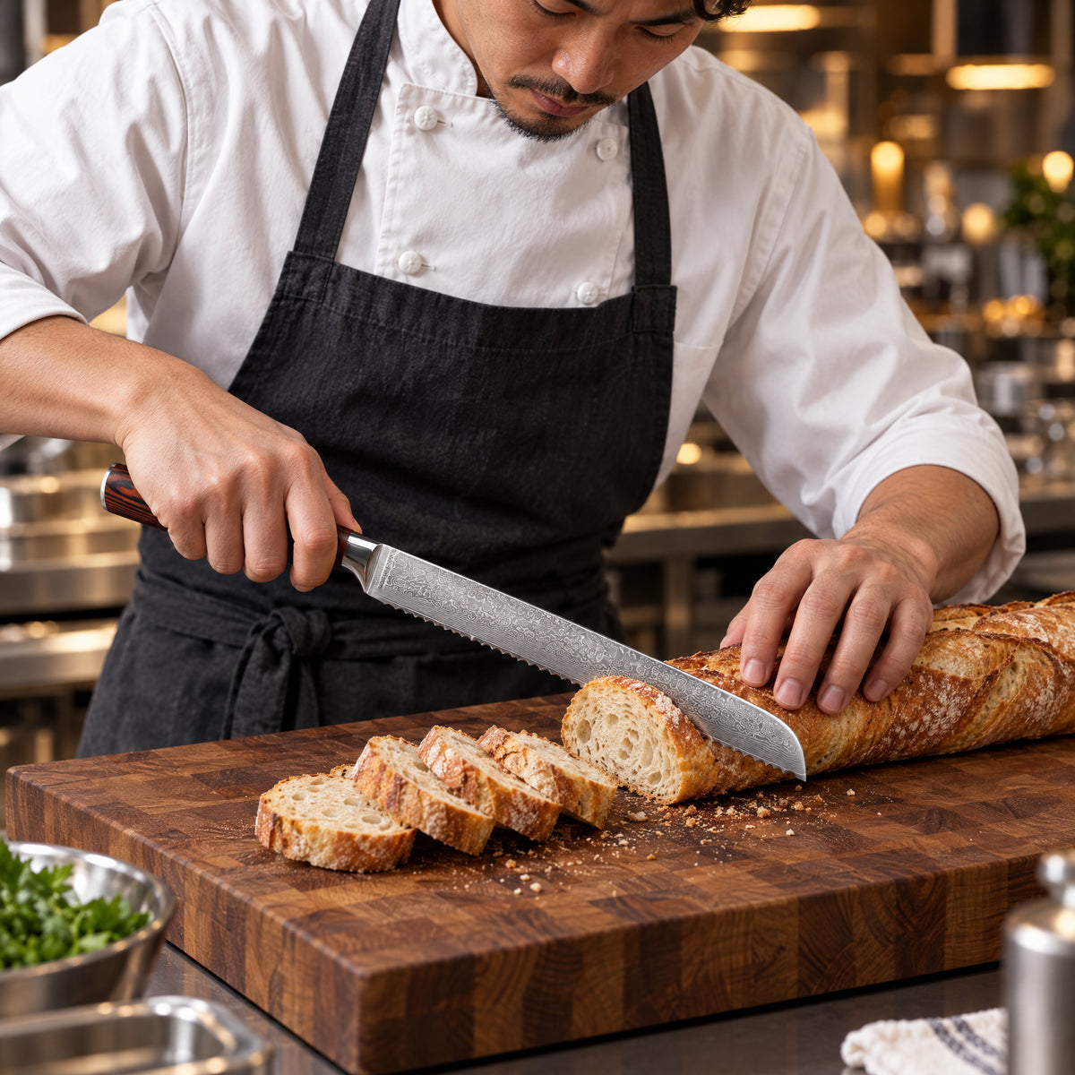 A Japanese chef using the Asahi Bread Knife on a wooden cutting board in a professional kitchen
