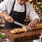 A Japanese chef using the Asahi Bread Knife on a wooden cutting board in a professional kitchen