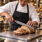 A Japanese chef using the Akagi Bread Knife on a titanium cutting board in a professional kitchen