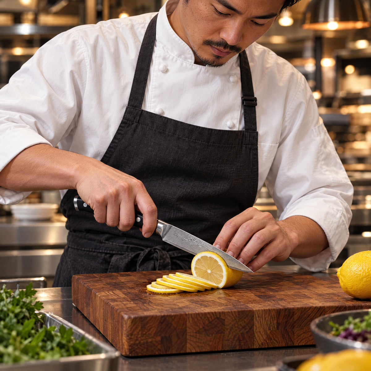 A Japanese chef using the Guren Petty Knife on a wooden cutting board in a professional kitchen