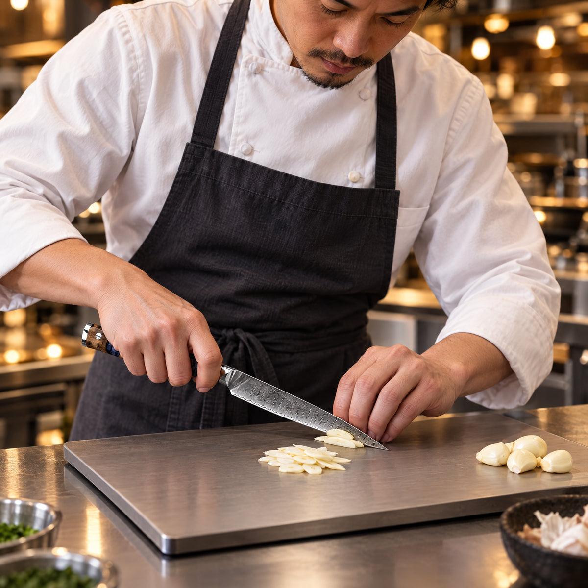 A Japanese chef using the Haku Petty Knife on a titanium cutting board in a professional kitchen