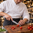 A Japanese chef using the Kurogane Petty Knife on a wooden cutting board in a professional kitchen