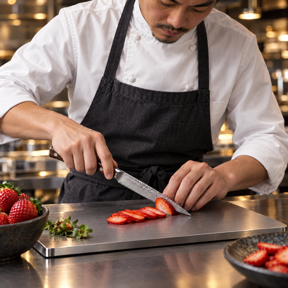 A Japanese chef using the Musashi Petty Knife on a titanium cutting board in a professional kitchen
