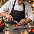 A Japanese chef using the Musashi Petty Knife on a titanium cutting board in a professional kitchen