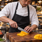 A Japanese chef using the Ryujin Petty Knife on a wooden cutting board in a professional kitchen