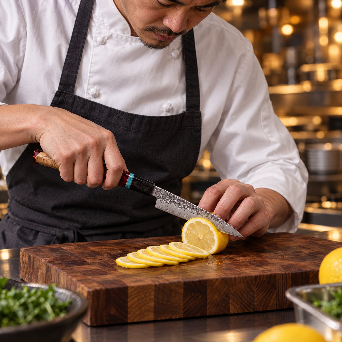 A Japanese chef using the Tenryu Petty Knife on a wooden cutting board in a professional kitchen