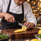 A Japanese chef using the Tenryu Petty Knife on a wooden cutting board in a professional kitchen