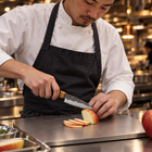 A Japanese chef using the Genbu Paring Knife on a titanium cutting board in a professional kitchen