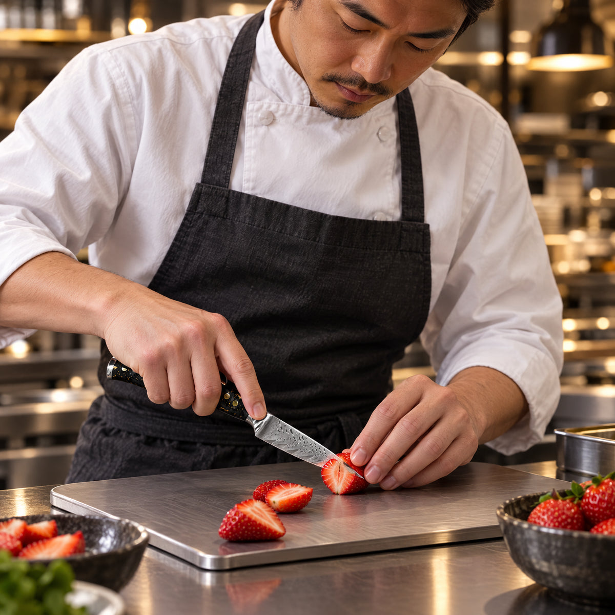 A Japanese chef using the Kogane Paring Knife on a titanium cutting board in a professional kitchen