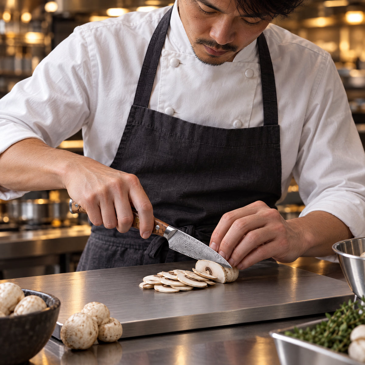 A Japanese chef using the Hayate Paring Knife on a titanium cutting board in a professional kitchen