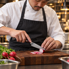 A Japanese chef using the Kongo Paring Knife on a wooden cutting board in a professional kitchen