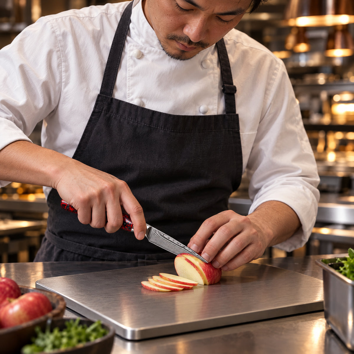 A Japanese chef using the Kurenai Paring Knife on a titanium cutting board in a professional kitchen