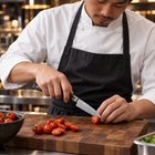 A Japanese chef using the Shingen Paring Knife on a wooden cutting board in a professional kitchen