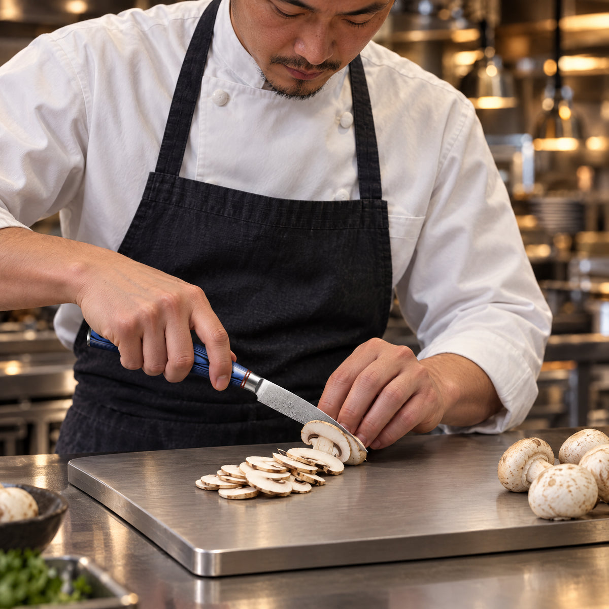A Japanese chef using the Seiryu Paring Knife on a titanium cutting board in a professional kitchen