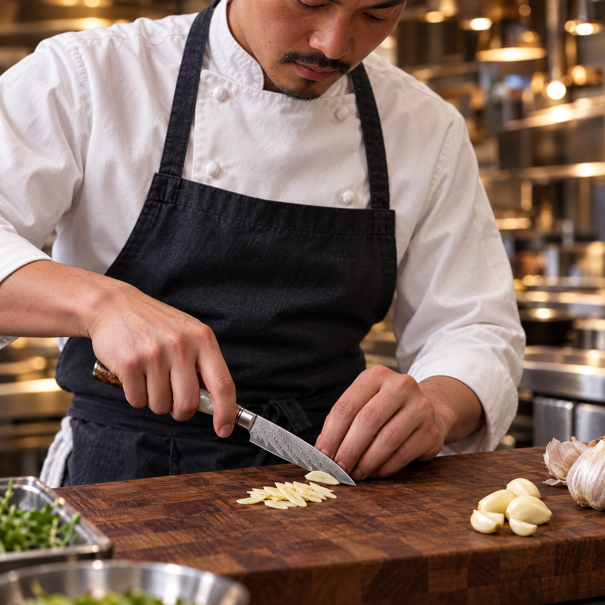 A Japanese chef using the Reimei Paring Knife on a wooden cutting board in a professional kitchen