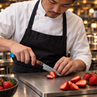 A Japanese chef using the Suijin Paring Knife on a titanium cutting board in a professional kitchen