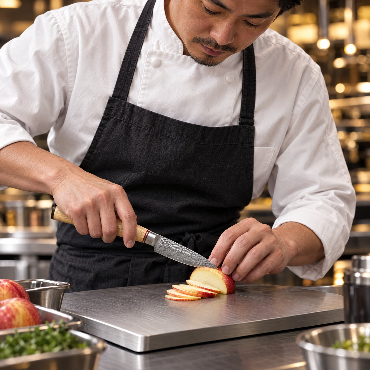 A Japanese chef using the Takumi Paring Knife on a titanium cutting board in a professional kitchen