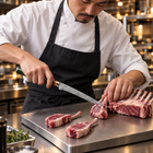 A Japanese chef using the Daigo Honesuki Boning Knife on a titanium cutting board in a professional kitchen