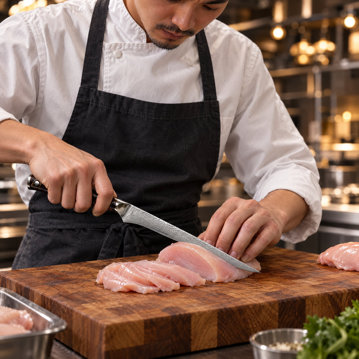 A Japanese chef using the Kongo Honesuki Boning Knife on a wooden cutting board in a professional kitchen