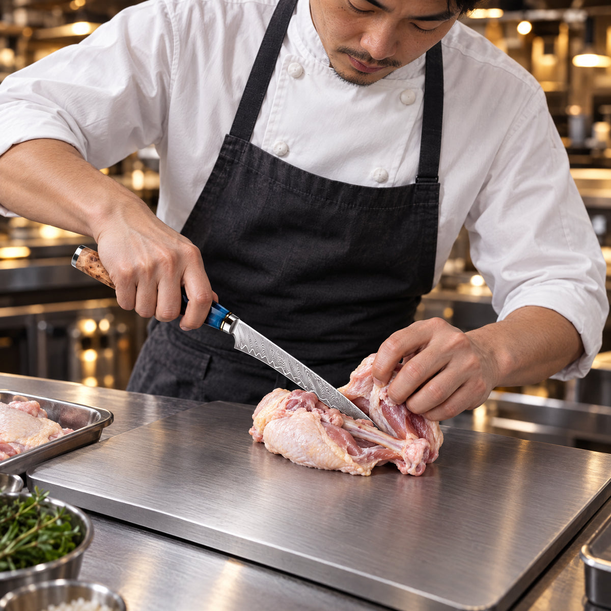 A Japanese chef using the Seiran Honesuki Boning Knife on a titanium cutting board in a professional kitchen