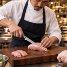 A Japanese chef using the Seiryu Honesuki Boning Knife on a wooden cutting board in a professional kitchen