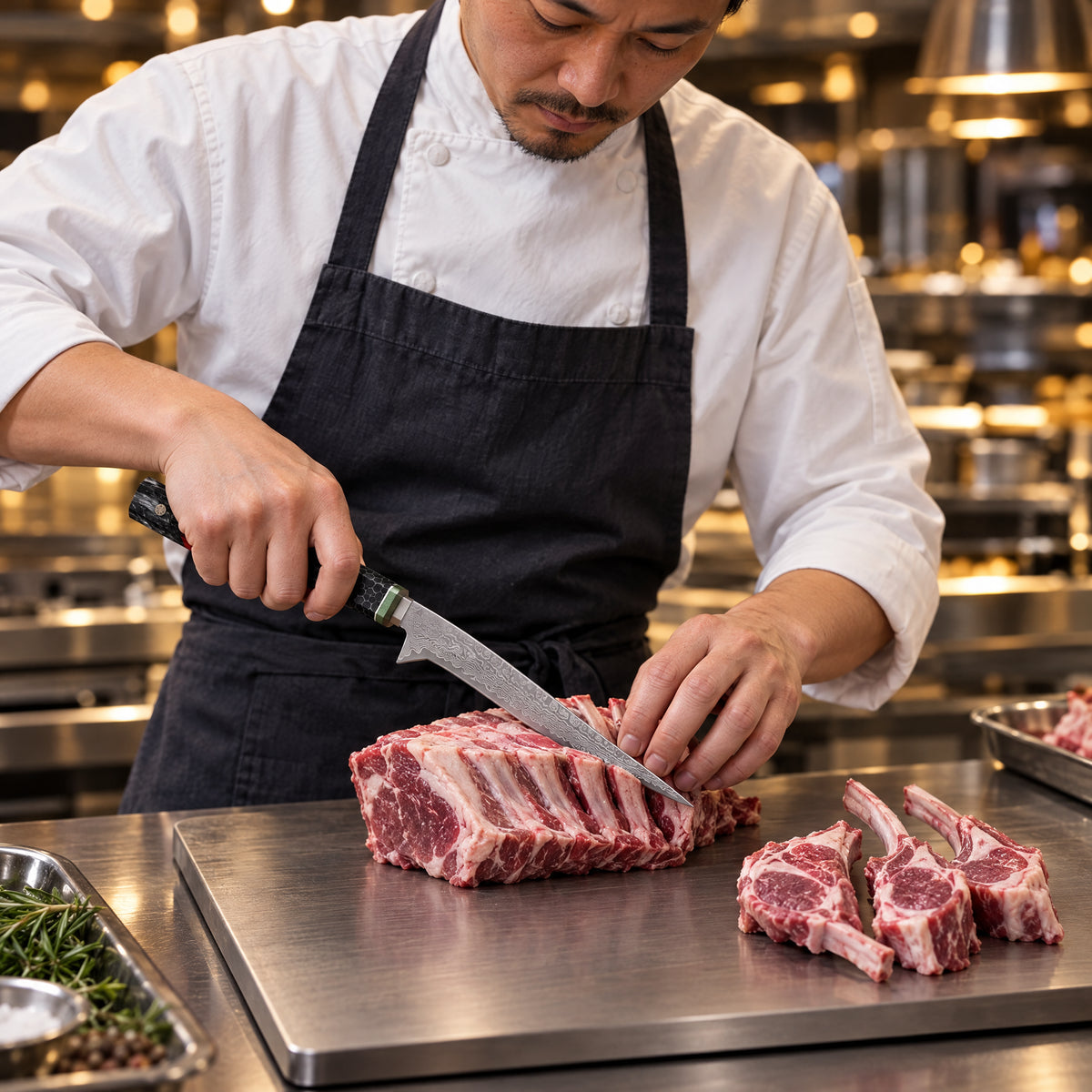A Japanese chef using the Shingen Honesuki Boning Knife on a titanium cutting board in a professional kitchen