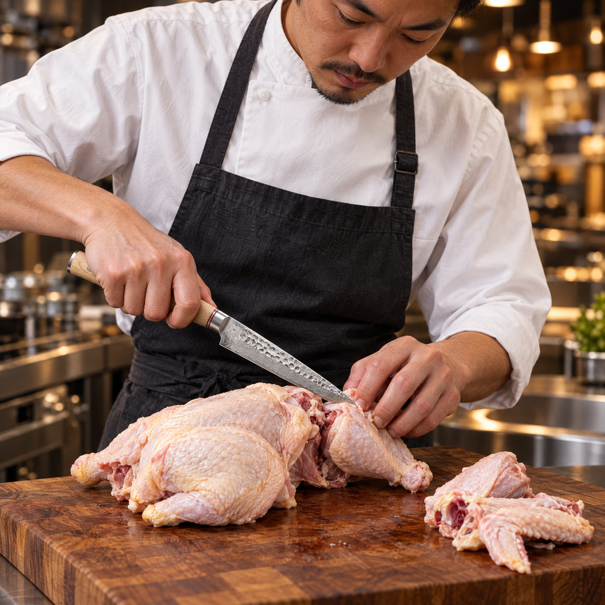 A Japanese chef using the Takumi Honesuki Boning Knife on a wooden cutting board in a professional kitchen