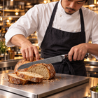 A Japanese chef using the Kongo Bread Knife on a titanium cutting board in a professional kitchen