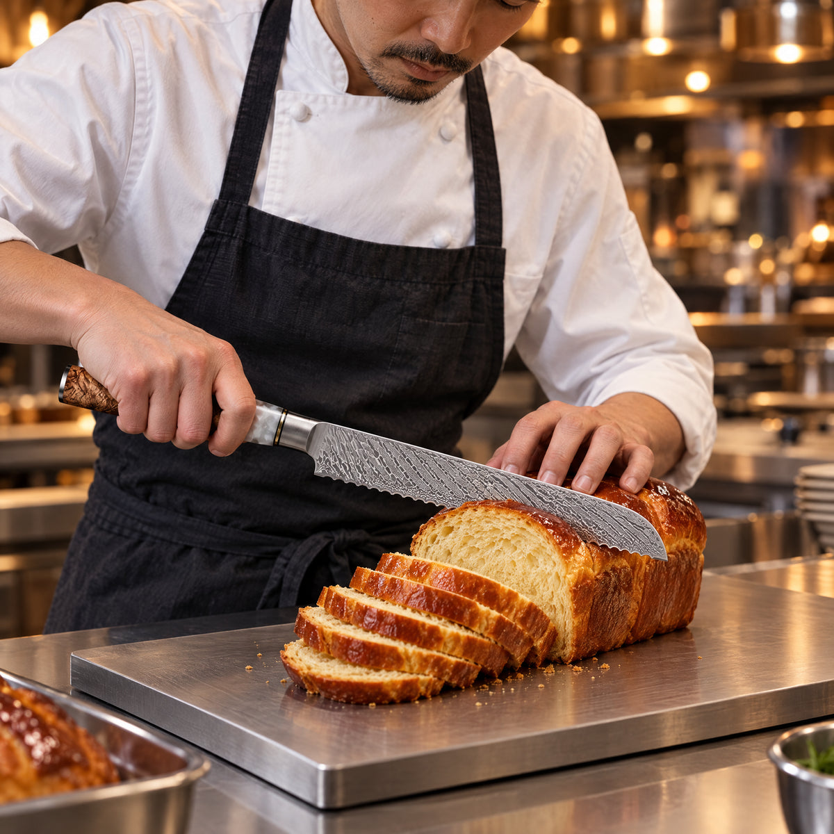 A Japanese chef using the Reimei Bread Knife on a titanium cutting board in a professional kitchen