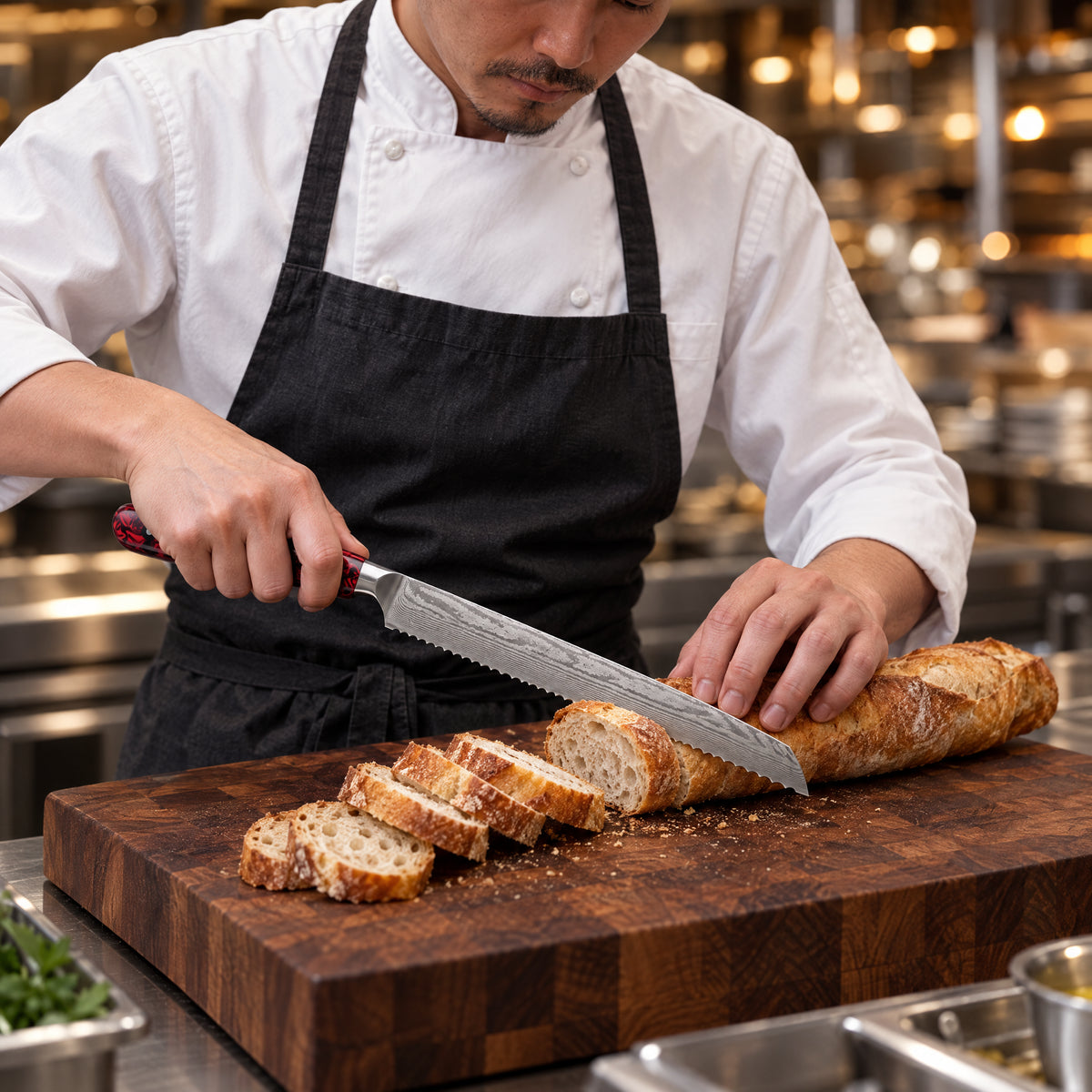 A Japanese chef using the Kurenai Bread Knife on a wooden cutting board in a professional kitchen