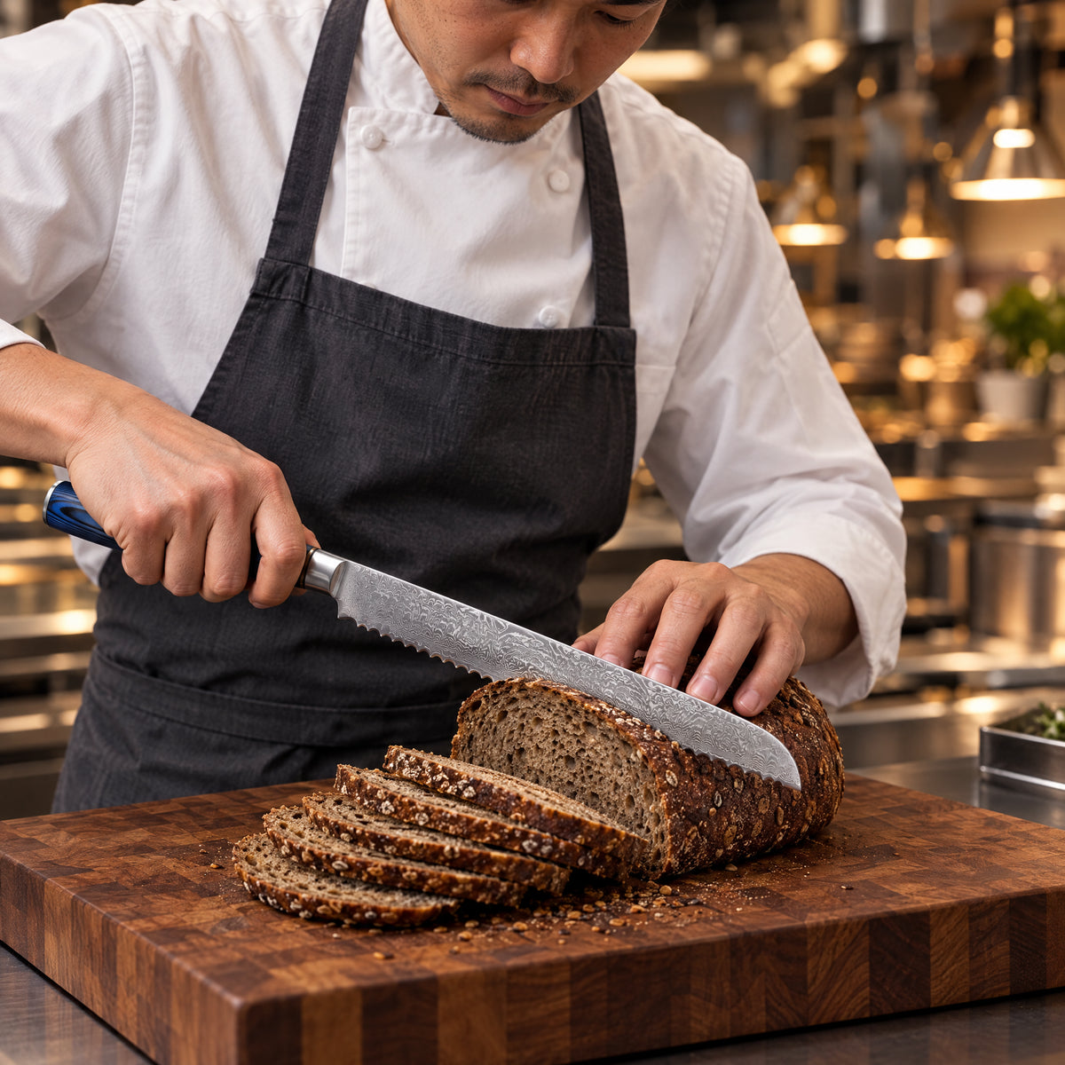 A Japanese chef using the Seiryu Bread Knife on a wooden cutting board in a professional kitchen