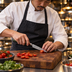 A Japanese chef using the Daigo Utility Knife on a wooden cutting board in a professional kitchen