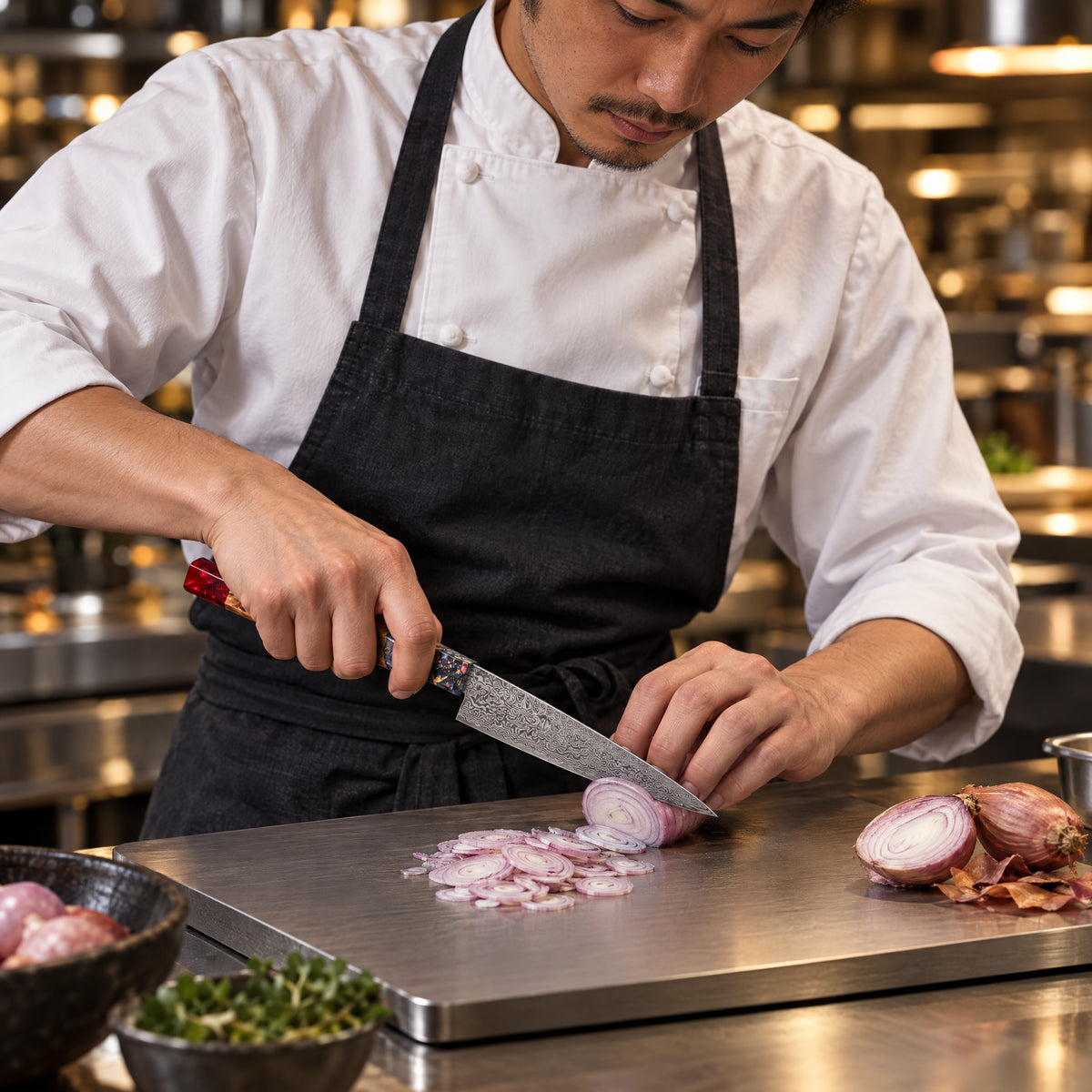 A Japanese chef using the Akatsuki Utility Knife on a titanium cutting board in a professional kitchen
