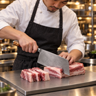 A Japanese chef using the Akagi Vegetable Cleaver Knife on a titanium cutting board in a professional kitchen